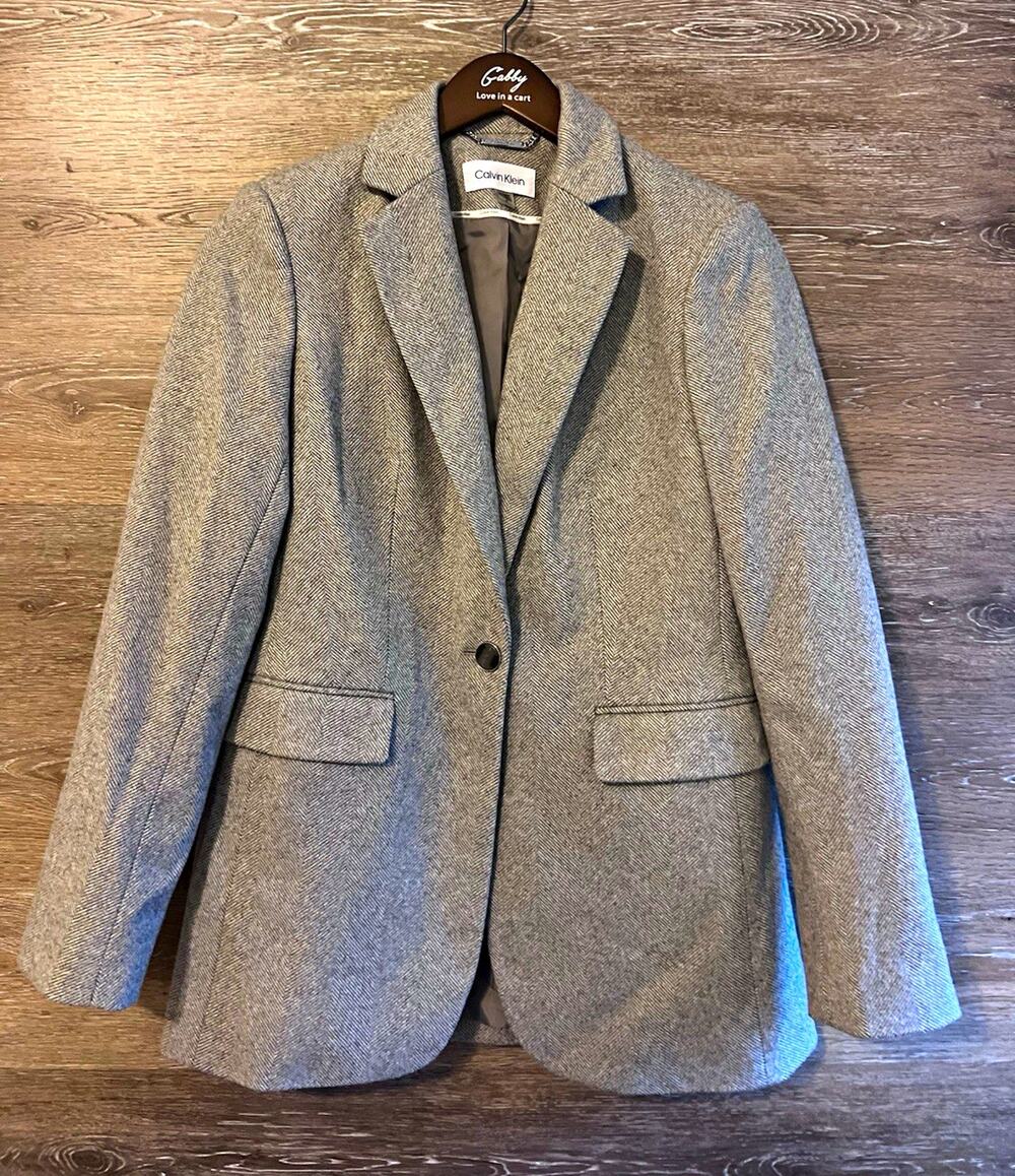 Calvin Klein Women’s Blazer Suit Jacket Gray Herringbone 1-Button Lined Sz 4